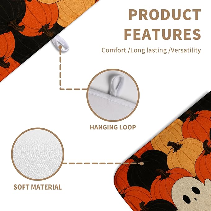 Halloween Spooky Pumpkin Dish Drying Mats Cute Ghost Dish Mat Fall Drying Matt Dishes Dryer Pad for Kitchen Counter Absorbent Microfiber Washable Foldable Reusable 18x24 in