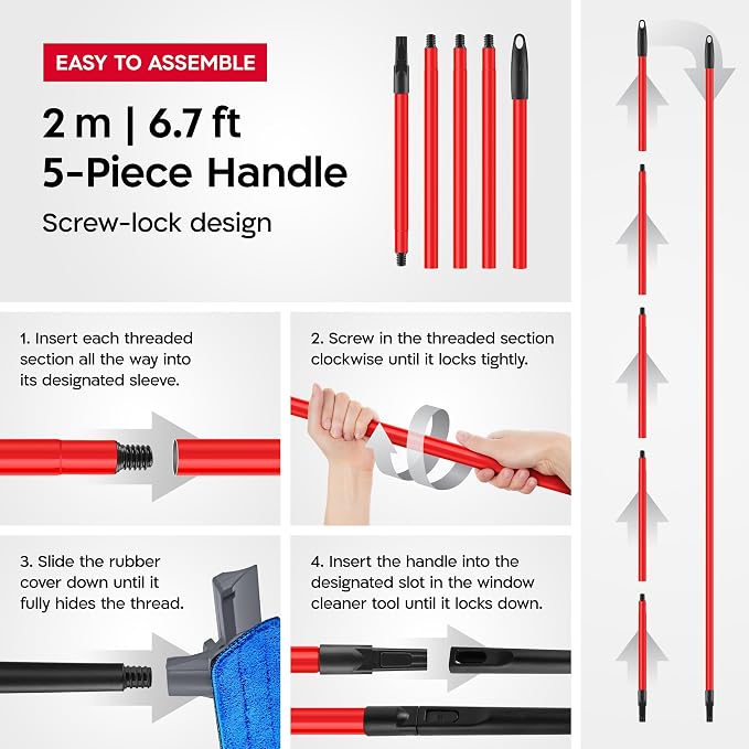 Tyroler Window Washing Kit with Extension Pole 12"-80", 100% Silicone Head | | 5-Part Window Squeegee with Extension Pole | Professional Windows Squeegee for Home & High Glass | Window Cleaner Tool