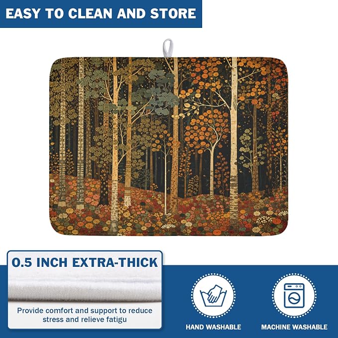 Fall Dish Drying Mat for Kitchen Counter Autumn Forest Vintage Botanical Nature Microfiber Dish Drainer Mat Antique Rustic Farmhouse Absorbent Washable Drying Pad 18"x24"