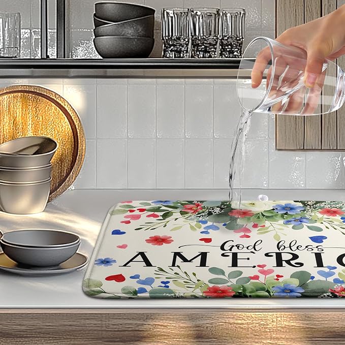 4th of July Patriotic Floral Dish Drying Mat Summer Memorial Day Large Kitchen Mats Dish Drying Pad Absorbent Dish Dryer Mat for Kitchen Countertops Microfiber Drainer Pad Dish Drying Mats (18x24 in)