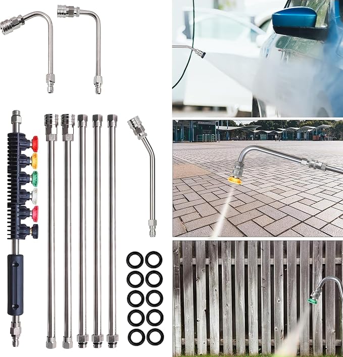 LIULO TOOL 9 Pack Pressure Washer Extension Wand, Stainless Steel Power Washer Lance with 6 Nozzle Tips for Gutter Cleaning, 3 Gutter Cleaner Attachments Curved Rod, 1/4 inch Quick Connect, 4000 PSI