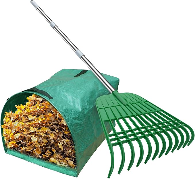 Gardzen 12 Tines Gardening Leaf Rake, Lightweight Steel Handle, Detachable, Ideal Camp Rake, Comes with Dustpan-Type Garden Bag | Lightweight Steel Handle, Detachable, Ideal Camp Rake, Comes with Dustpan-Type Garden Bag