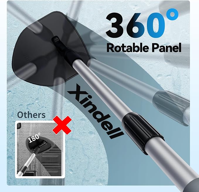 XINDELL Interior Windshield Cleaner Tool, Car Window Cleaning Kit with 4 Reusable Microfiber Pads, Extendable Handle & 360° Rotating Head, Safety Hammer, Streak-Free Auto Glass Wiper for Truck SUV RV