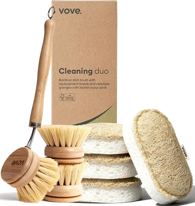 Vove Cleaning Duo, Bamboo Dish Brush Set and Natural Dish Sponges, FSC-Certified Bamboo, Sisal, Loofah, Cellulose, Plastic-Free, Eco-Friendly Zero-Waste Kitchen Dish Scrubber Set