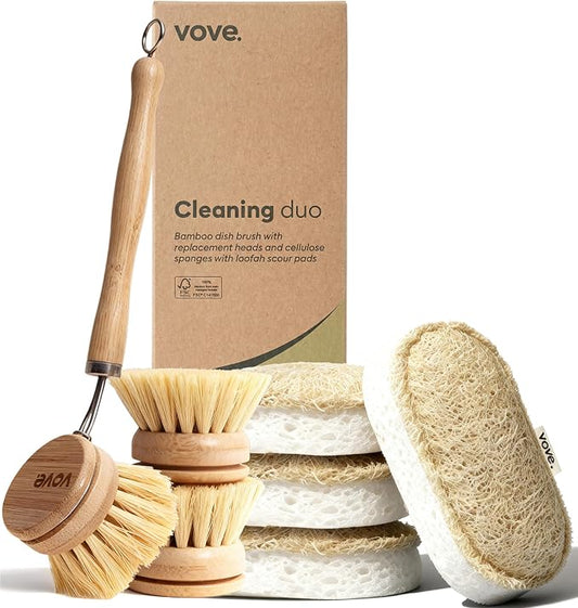 Vove Cleaning Duo, Bamboo Dish Brush Set and Natural Dish Sponges, FSC-Certified Bamboo, Sisal, Loofah, Cellulose, Plastic-Free, Eco-Friendly Zero-Waste Kitchen Dish Scrubber Set