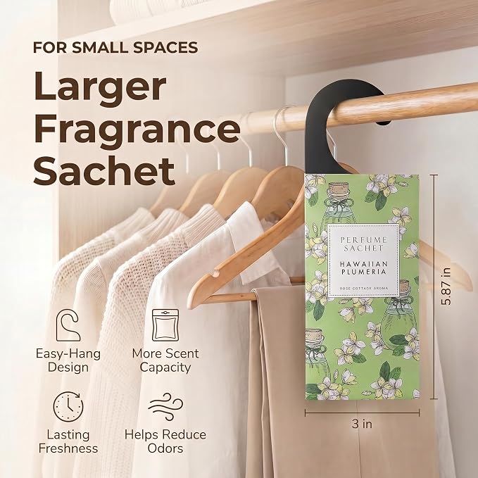 Large 12 Packs Hawaiian Plumeria Hanging Scented Sachets Long-Lasting Closet Deodorizer Air Freshener Fabric Refresher Odor Eliminator for Drawer Home Fragrance Gift Set