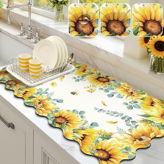 LOKHOM Scalloped Floral Dish Drying Mat, 17"x32" Super Absorbent Coffee Mat with Watercolor Yellow Sunflowers, Cuttable Hide Stain Non-slip Drying Mat for Kitchen Counter Coffee Maker Espresso Machine