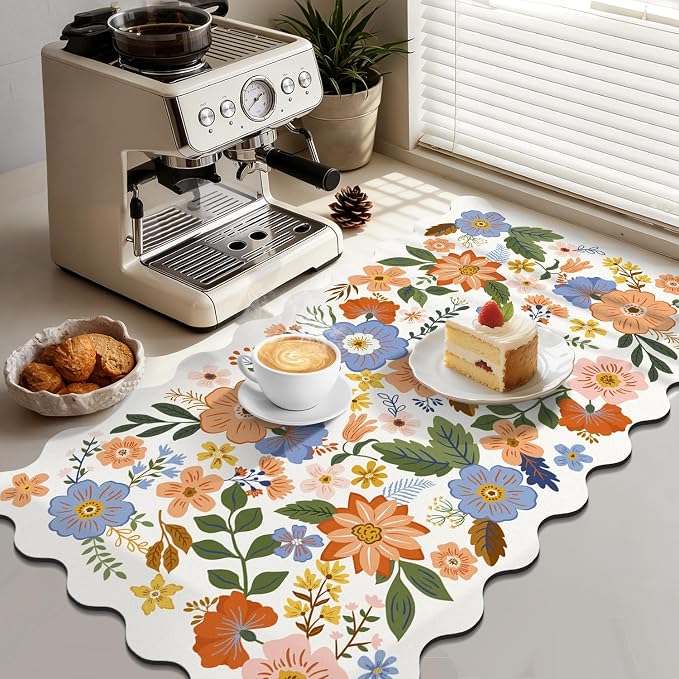 LOKHOM Scalloped Floral Dish Drying Mat, 17"x32" Super Absorbent Coffee Mat with Unique Spring Wildflowers, Cuttable Hide Stain Non-slip Drying Mat for Kitchen Counter Coffee Maker Espresso Machine