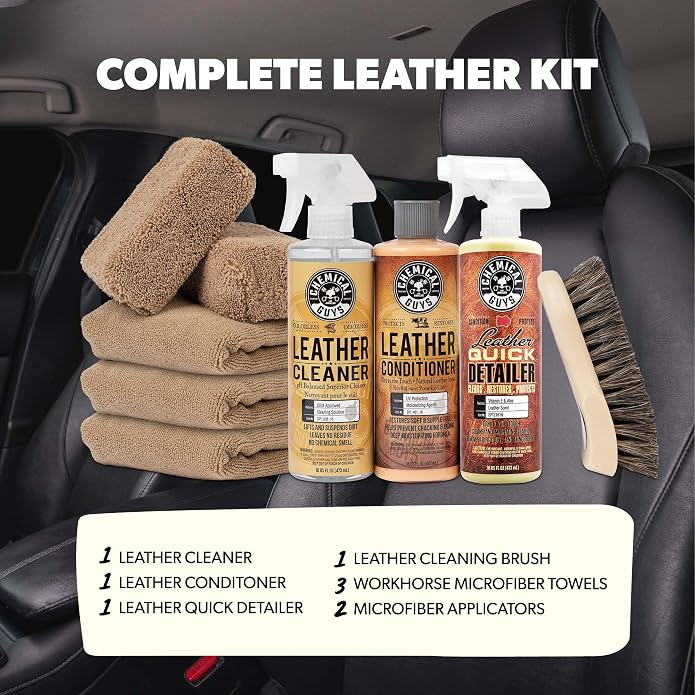 Chemical Guys, 9-Piece Leather Cleaner & Conditioner Kit for Car Interiors | Cleans then conditions seats, furniture, jackets and boots, brushes and towels included for many leather types