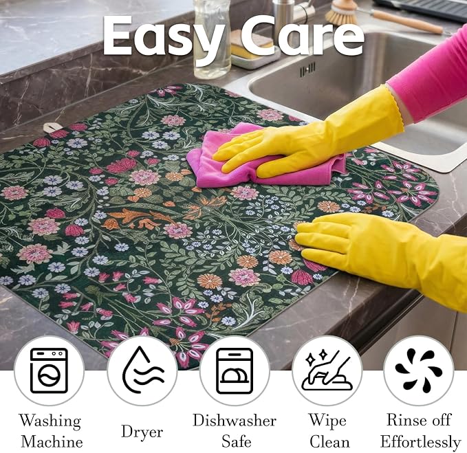 Boho Dish Drying Mat for Kitchen Counter,Botanical Floral Dark Green Farmhouse Absorbent Microfiber Reusable Washable Non-Slip Dish Drainer Draining Mats Dishes Pad for Kitchen Decor 18x16 Inch