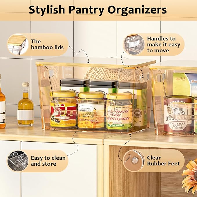 Delamu 2 Set Pantry Organizers and Storage,Trash Bag Dispenser with Bamboo Top,Stackable Trash Bag Dispenser Under Sink Organizer for 4-30 GalBags,Onion,Potato,Fruits,Amber(11-7/32"L*7" W*7-1/8"H)