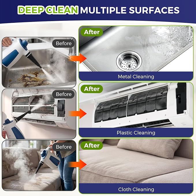 Handheld Steam Cleaner, 230°F Pressurized Steamer with No Water Spitting & Continuous Steam, 350ML Chemical-Free Deep Cleaning for Grease & Grime, 14 Accessories for Grout, Bathroom, Kitchen & Car