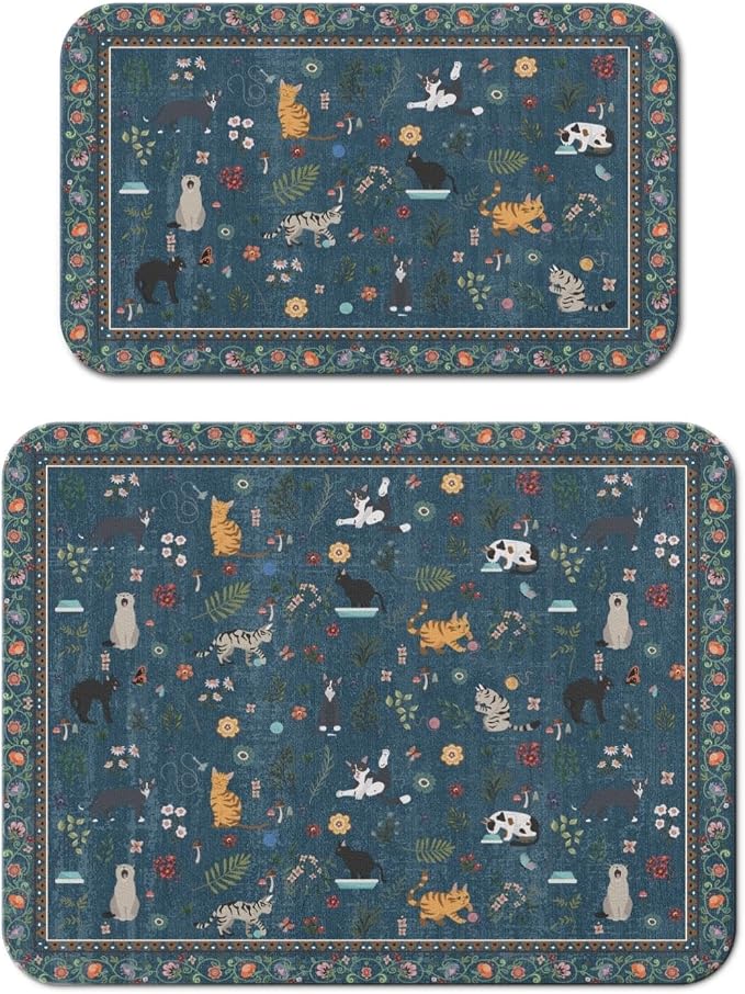 Dish Drying Mat 2-Pack in Vintage Cat Floral for Kitchen Counter Dishes Mat | Diatom Mud Mats (18x24, 19.5x12"). Non-slip rubber back for kitchen counter, coffee bar & sink scenes
