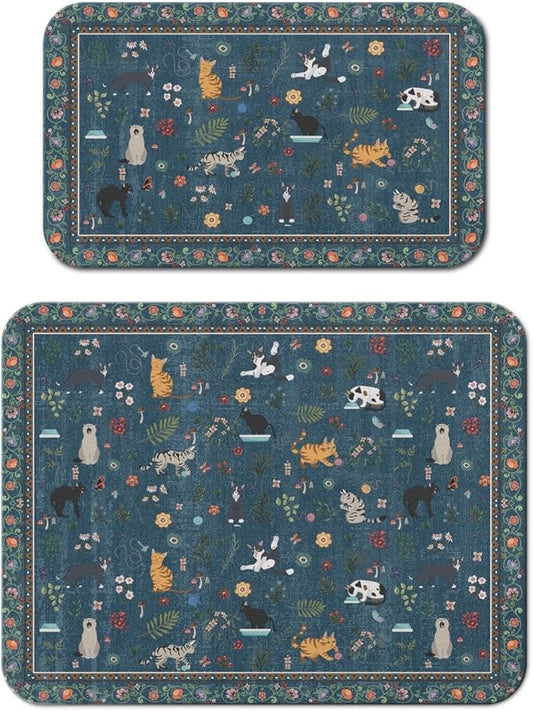 Dish Drying Mat 2-Pack in Vintage Cat Floral for Kitchen Counter Dishes Mat | Diatom Mud Mats (18x24, 19.5x12"). Non-slip rubber back for kitchen counter, coffee bar & sink scenes