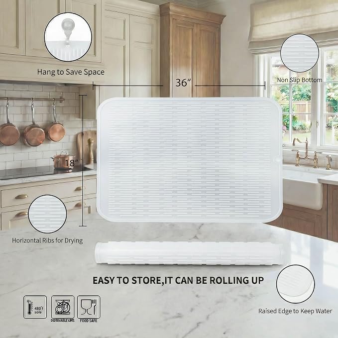MicoYang Silicone Dish Drying Mat for Multiple Usage,Easy clean,Eco-friendly,Heat-resistant Silicone Mat for Kitchen Counter or Sink,Refrigerator or Drawer Liner Translucent 5XL 36inches x 18inches