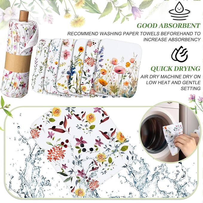 60 Pack Reusable Cleaning Cloths Washable Cotton Kitchen Dish Towels for Home Party Supplies Bulk, 9.84x11.81in (Wildflowers)