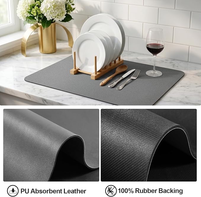 Ecotrim - Dish Drying Mat for Kitchen Counter | Coffee Bar Mat for Countertops | Heat Resistant Drainer Mat with Non-slip Rubber Backed | Hide Stain Kitchen Absorbent Draining Mat | Dark Grey 16"x20"