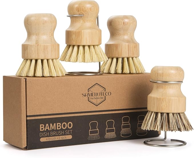 SAMEBUTECO 6-Piece Bamboo Dish Brush Set with 2X Fast-Dry Stainless Steel Holder,3xNatural Sisal Bristle Brush & 1xPalm Bristle Kitchen Cleaning Brushes for Dishes, Pots, Pans & Sink
