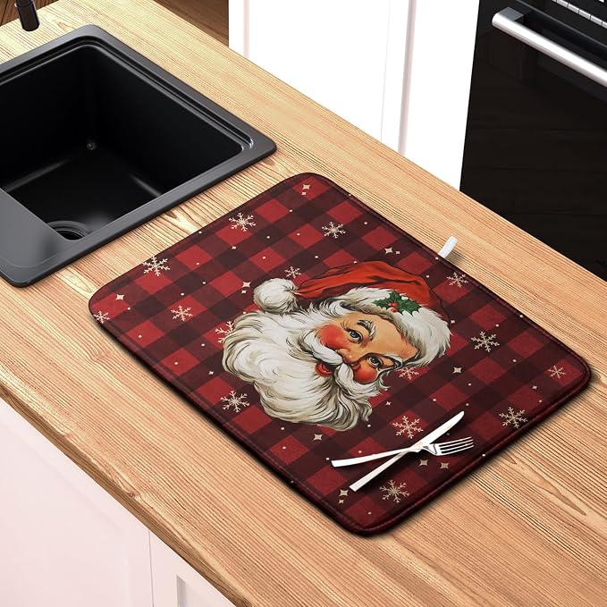Santa Claus Christmas Dish Drying Mat Xmas Red and Black Buffalo Plaid Snowflake Drying Mats Winter Holiday Dishes Drying Pad Microfiber Absorbent Dish Drainer Rack Mat 16x18 Inch
