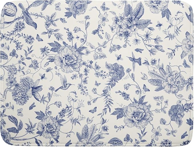 Giwawa Chinoiserie Flower Dish Drying Mat Blue Leaves Dishes Drying Pad Reusable Washable Kitchen Countertop Protector Dish Drainer Mat 18x24 Inch