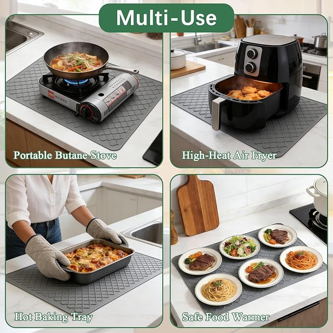 Stove Top Cover for Electric Stove - Food Grade Ceramic Stove top Cover, Silicone XXL Dish Drying Mat, Glass Cooktop Covers, Flat RV Range top Mats (Grey, 27.5"X20")