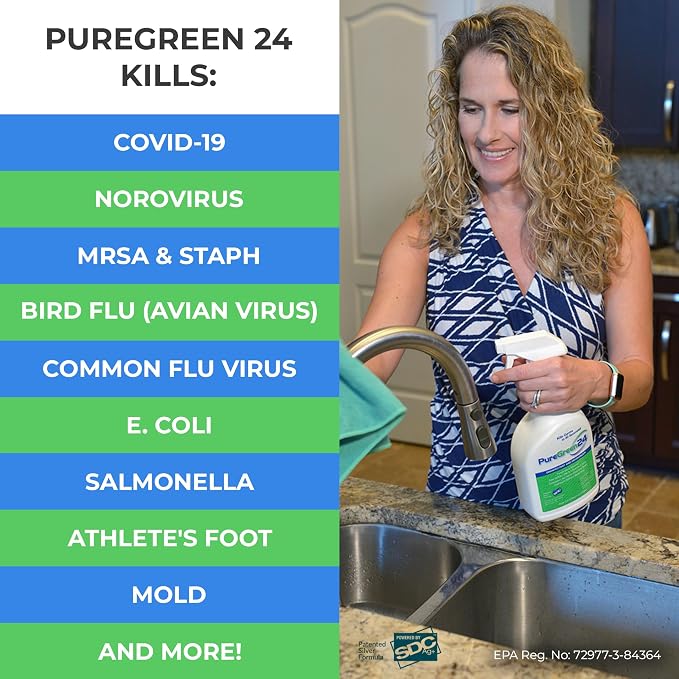PureGreen24 Safe & Effective Disinfectant. Kills Deadly Germs including RSV COVID-19 Norovirus MRSA Staph 2026 flu Bird flu Contains no toxic chemicals odorless child & pet safe 2 32oz spray bottles