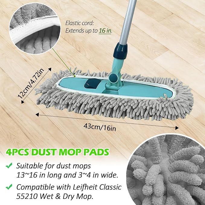 4PCS 13''~16'' Microfiber Dust Mop Pads Compatible with Leifheit 55210 | Reusable Mop Refills,Replacent Wet Mopping Pad & Washable Dry Sweeping Cloths for Hardwood Floor/Tile/Marble Cleaning