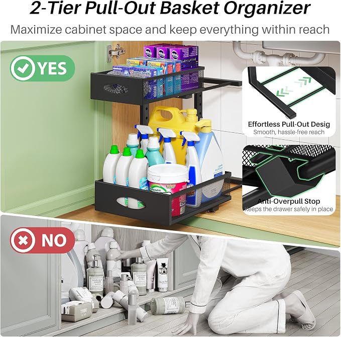 Under Sink Organizer, 1-Pack Pull Out Cabinet Organizer 2 Tier Metal Slide Out Storage Shelf Rack, L-Shaped Adjustable Height,Mesh Sliding Drawer for Kitchen, Bathroom, Laundry, Pantry, Black, XL