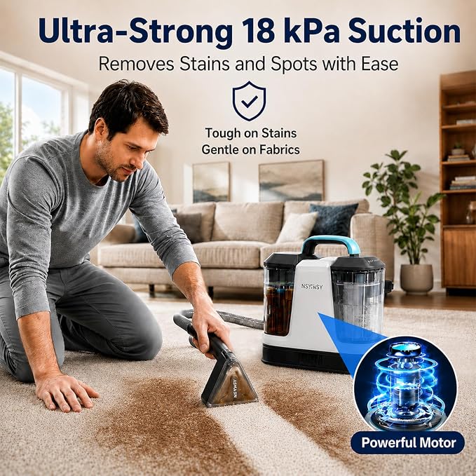 Portable Carpet Upholstery Cleaner for Furniture, Pet Stains, Car Interiors | Powerful Suction, Faster Drying, Deep Stain Removal, Lightweight Design, Large Dual Tanks, Long Hose & Cord, Home & Car Use
