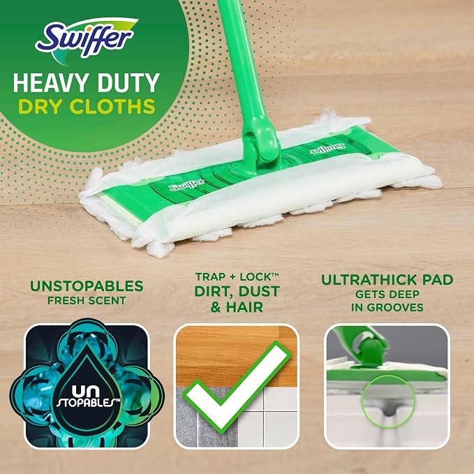 Swiffer Sweeper Heavy Duty Dry Multi-Surface Cloth Refills for Floor Sweeping and Cleaning, Unstopables Fresh Scent, 20 Count