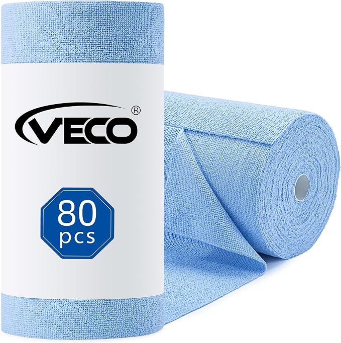 Veco Microfiber Cleaning Cloth Roll 80 PCS, 12" x 12" | Lint-Free, Streak-Free, Tear Away Reusable Microfiber Towels, Cleaning Rags for Kitchen, Car & Home, Blue