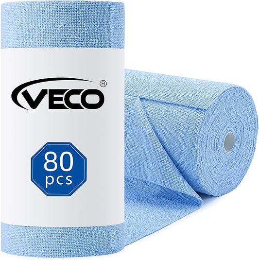 Veco Microfiber Cleaning Cloth Roll 80 PCS, 12" x 12" | Lint-Free, Streak-Free, Tear Away Reusable Microfiber Towels, Cleaning Rags for Kitchen, Car & Home, Blue