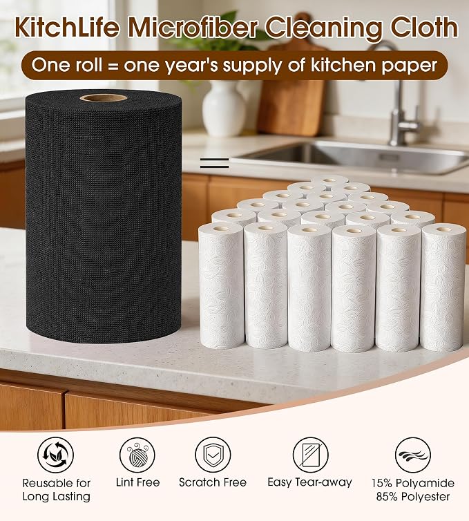 KitchLife Microfiber Cleaning Cloth Roll, 200 Pack - Tear-Away Microfiber Paper Towels, Lint-Free, Reusable, Washable for Kitchen, Car, Dishes, and Sensitive Surfaces (Black)