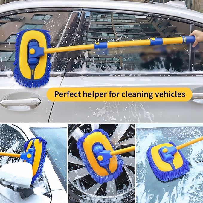 5PCS Car Wash Brush with Long Handle, 15°Curved Car Cleaning Brush with Replaceable Head Cover, Truck Washing Brushwith Telescopic Handle Wash Mop Kit (Blue)