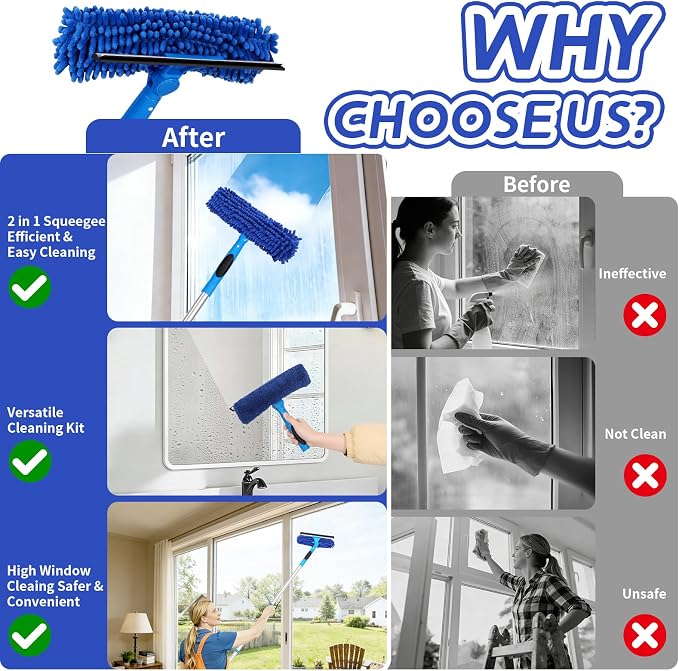 67" Squeegee Window Cleaner, 2 in 1 Professional Window Cleaning Tool Kit with Extension Pole, Window Washing Equipment with Rotatable Head for Indoor Outdoor Windows Car Glass