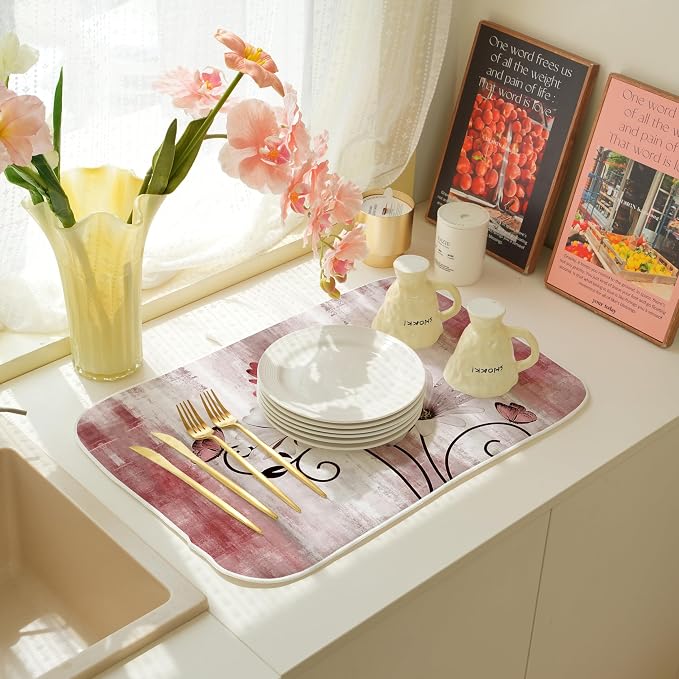 Floral Dish Drying Mat 18x24 Inches For Kitchen Counter Pink Daisy Flower Kitchen Decoration Drying Mat Modern Decorative Drying Pad For Home Kitchen Decor,Dining Room,Office Decoration