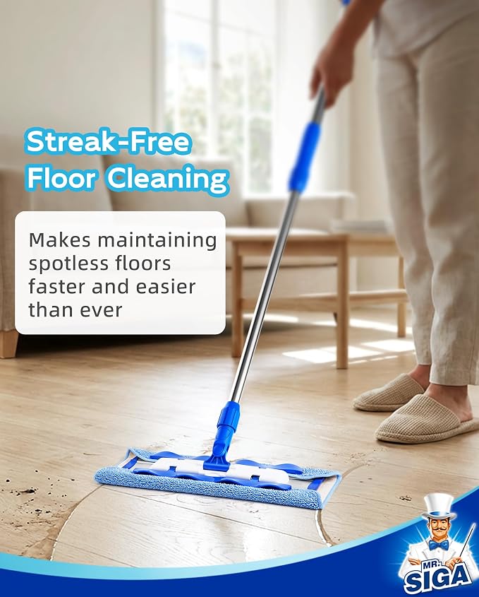 MR.SIGA Professional Microfiber Mop for Hardwood, Laminate Floor Cleaning | Stainless steel telescopic handle, 3 reusable microfiber flat mop refills and 1 dirt removal scrubber included