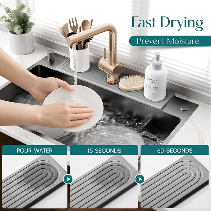 eormoe Kitchen Faucet Absorbent Mat - Large Diatomaceous Earth Splash Guard for Sink Faucet, Aesthetic Water Absorbing Stone Tray in The Modern Home (Grey, 23.6" x 5.5")