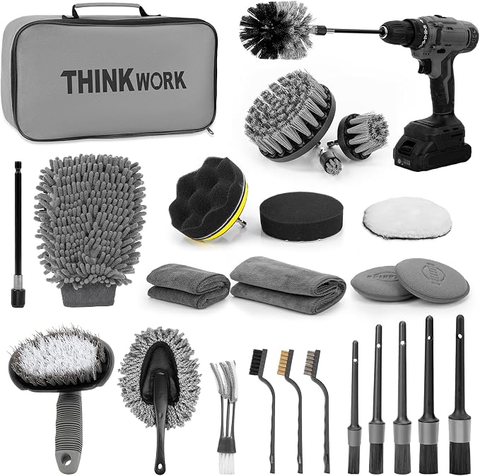 THINKWORK Car Detailing Kit with Multi-Size Drill Brushs & Extension Pole | 4 Drill Brushes, Deep Cleaning for Tires & Wheel Rims, Car Care & Cleaning Gray, Car Detailing Supplies, Gift, 27Pcs