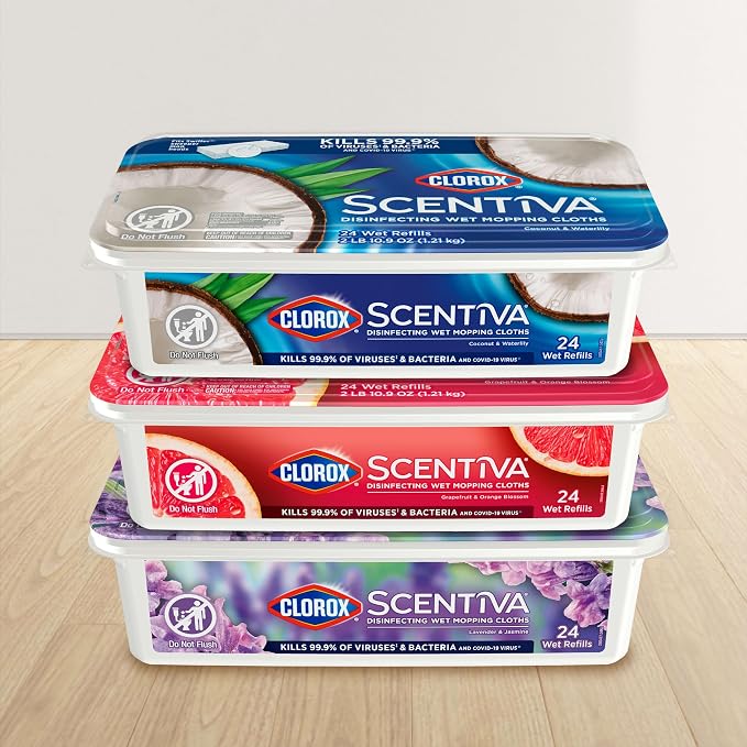 Clorox Scentiva Disinfecting Wet Mopping Cloths, Coconut and Waterlily, 24 Refills (Pack May Vary)