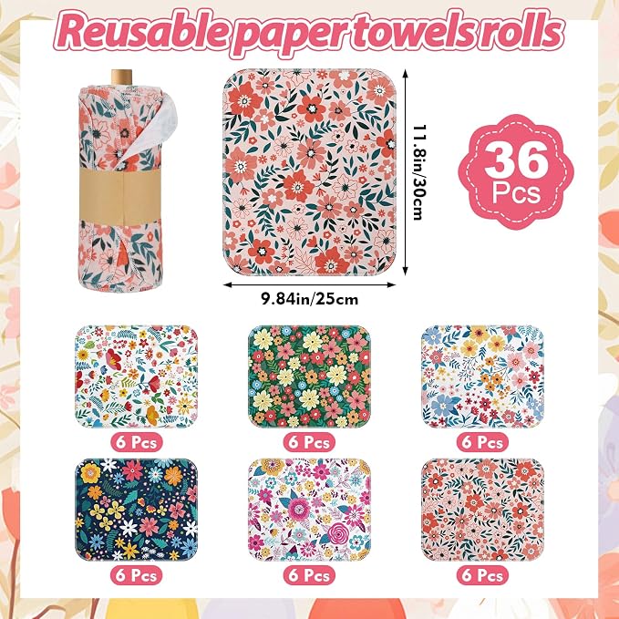 IANFEPH 36 Pack Reusable Paper Towels Roll, Washable Paperless Cotton Cloth Kitchen Towel 9.8" x 11" Absorbent Flannel Reusable Cleaning Dishcloth for Home Bathroom