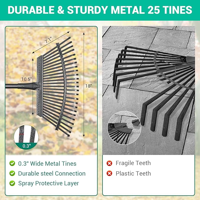Adjustable Garden Rake for Leaves 36-73" Long Handle, 18" Wide, Heavy Duty with 25 Metal Tines ，Includes 32Gallon Leaf Bags，Designed for Lawns, Grass, Shrubs ，Flower Beds