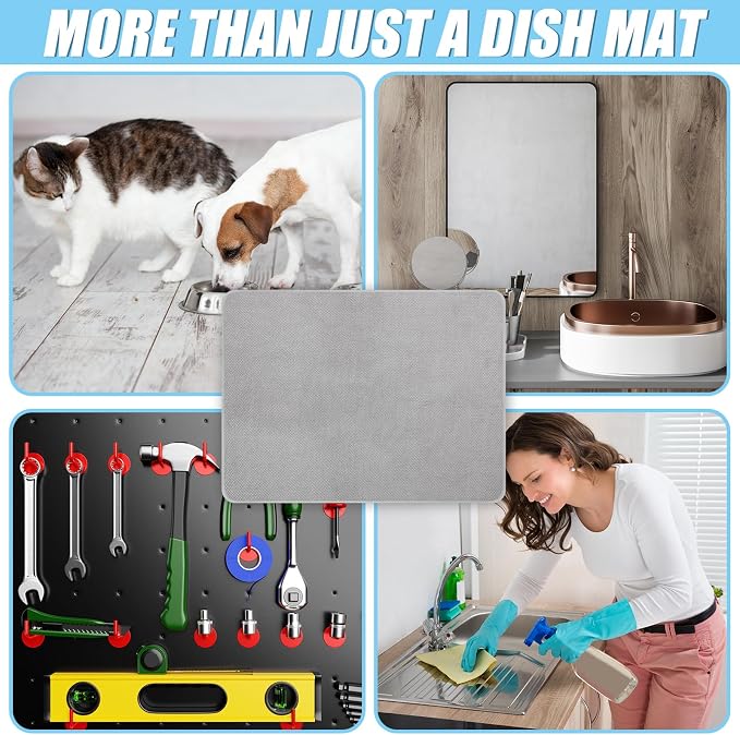 Hushee 2 Pack Extra Large Dish Drying Mat Microfiber Absorbent Dish Drying Pad Large Size Dishes Drainer Mats for Countertop, Sink, Refrigerator or Dryer (30 x 24 Inch,Gray)