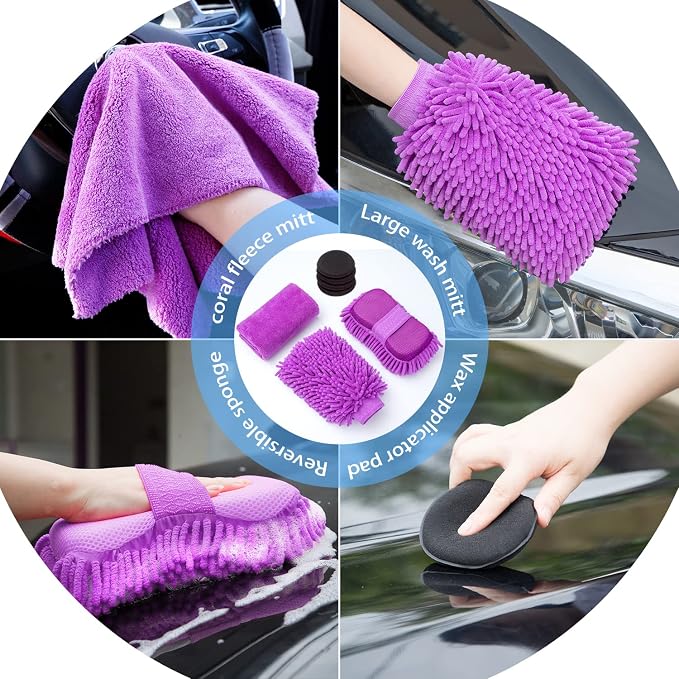 22Pcs Car Wash Cleaning Tools Kit Car Detailing Set with Canvas Bag Purple Collapsible Bucket Wash Mitt Sponge Towels Tire Brush Window Scraper Duster Complete Interior Car Care Kit