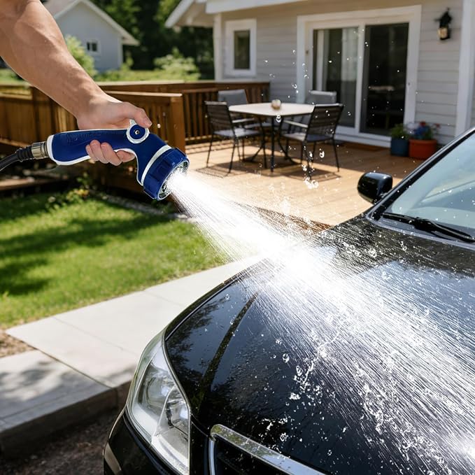 HugeDawn Garden Hose Nozzle with 7 Spray Patterns, Heavy Duty Metal Sprayer 30% Greater Water Flow for Watering, Car Wash, Outdoor Cleaning (Blue)