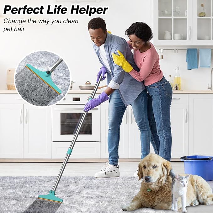 Carpet Rake for Pet Hair Removal - Reusable Pet Hair Remover, 45” Adjustable Long Handle Cat Dog Carpet Rake Scraper with Patented Design, Dog Hair Rake Brush for Rugs, Mats