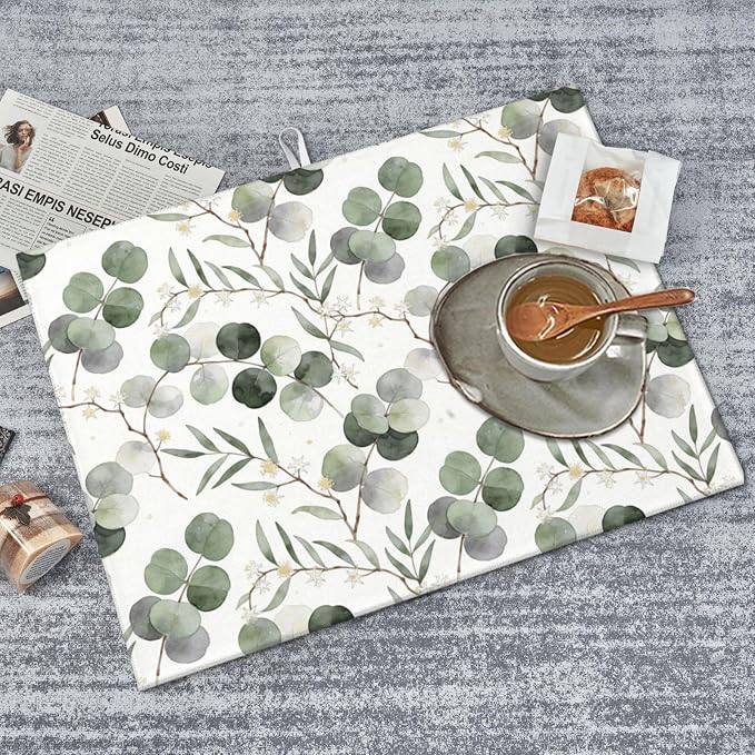 Sage Green Dish Drying Mat, for Spring Kitchen Counter Microfiber Absorbent, Sage Leaves Dish Draining Mat Extra Large 18"x24"