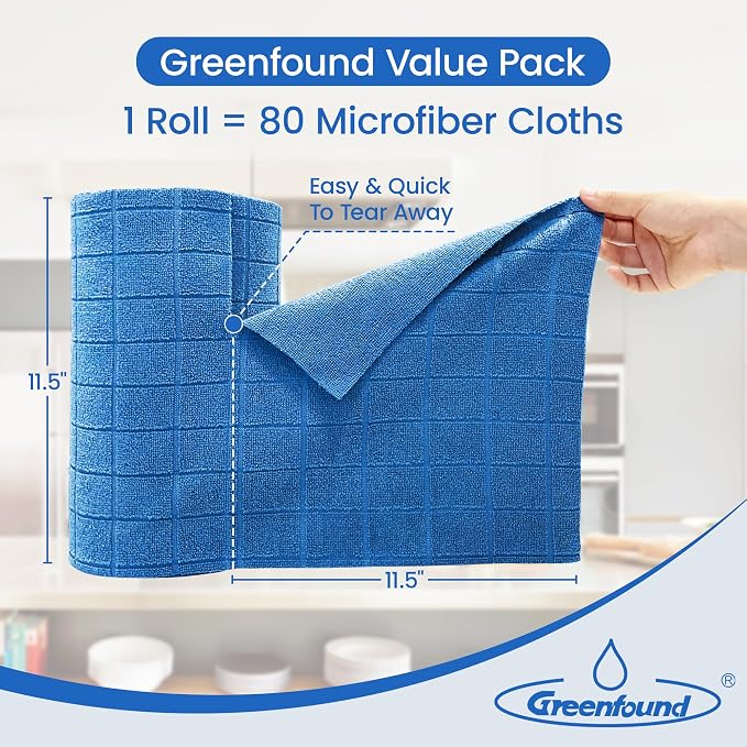 Greenfound Microfiber Cleaning Cloth Roll, 80 Pack Tear Away Towels, Reusable Washable Lint Free Scratch Free Absorbent Cleaning Rags for Kitchen Home Car Window Glass, 11.5 x 11.5 Inch Check Blue