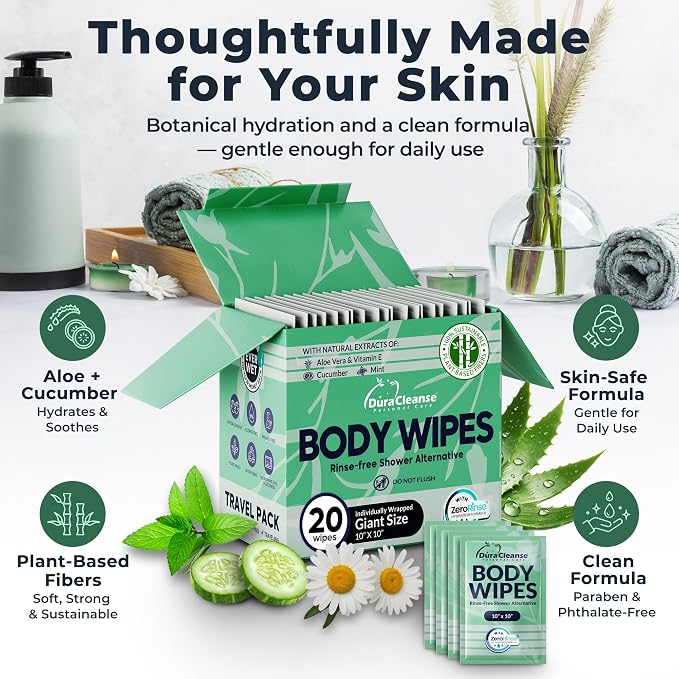 Travel Body Wipes for Women - 20 XL Shower Wipes for Adults Bathing No Rinse - Individually Wrapped 10”x10” Disposable Washcloths - Feminine Hygiene Essentials, Gym, Backpacking, Camping Must Haves