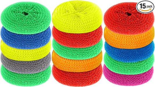 Blulu 15 Pieces Plastic Dish Scrubbers for Dishes Pot Round Nylon Pad, Mesh Scouring Non Scratch Pads (Rainbow Colors)